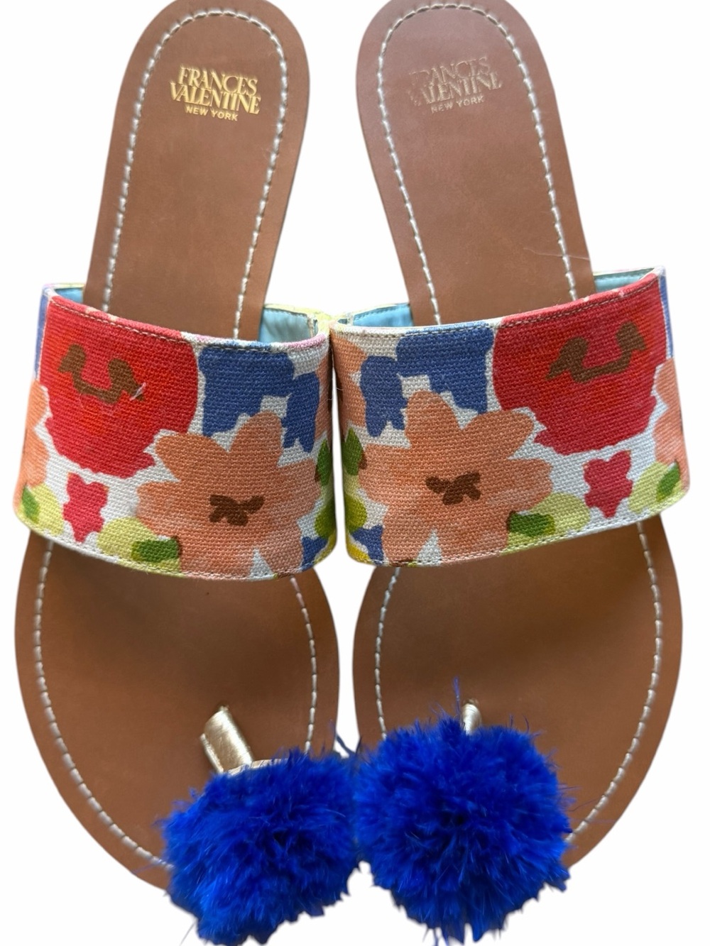 Frances Valentine Canvas Floral Slide Sandals with Blue Feather Pom Poms Sz 9